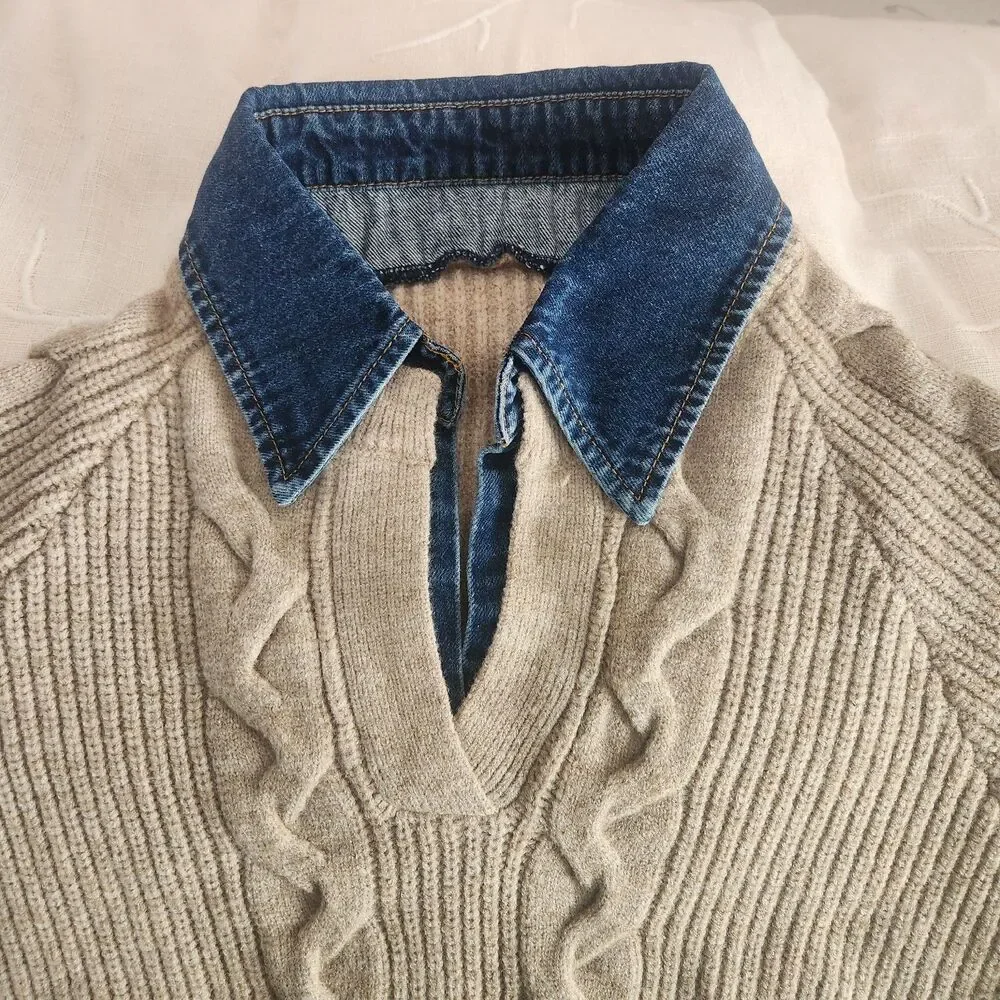 NWT COMMENSE Denim Collar Layered Sweater Beige Knit Sweater XS oversized fit - Picture 8 of 8